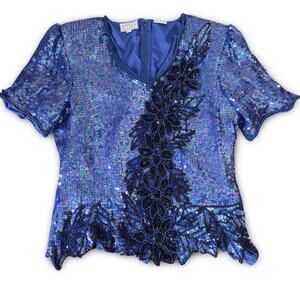 Stenay Cobalt Blue Hand-Beaded Silk Top - Sequin Vintage Glam - Handmade - XL